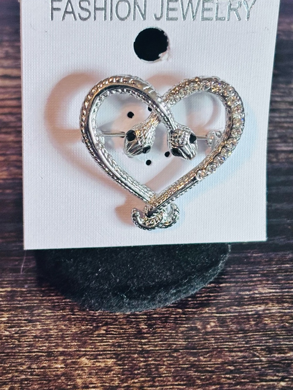 Silver Tone Double Snake Heart Brooch Rhinestone Gothic Serpent Pin‎